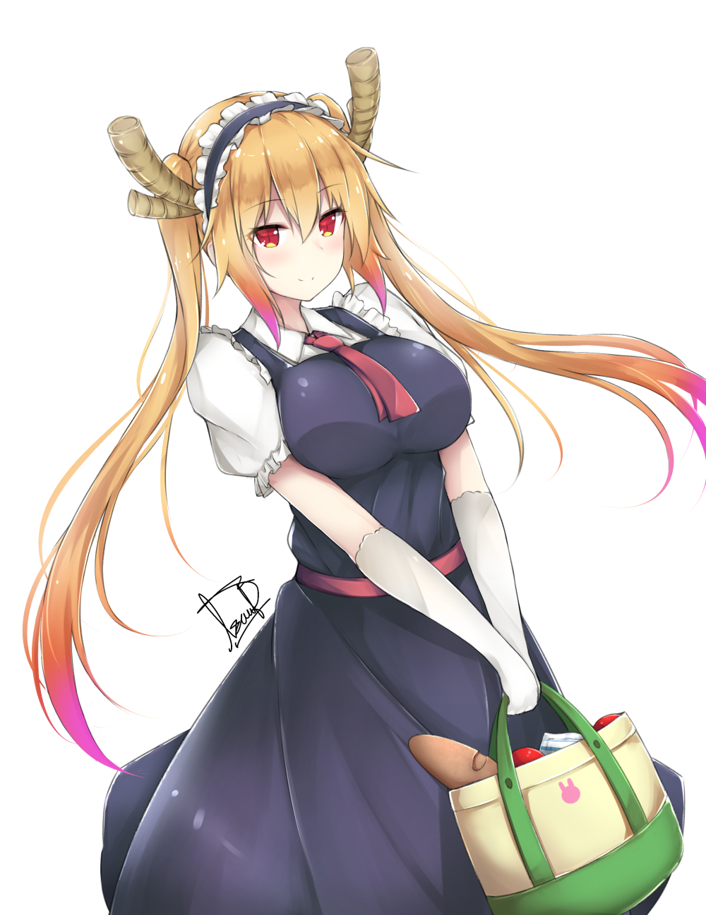 1girl, blush, bread, breasts, cravat, dragon_horns, eyebrows_visible_through_hair, food