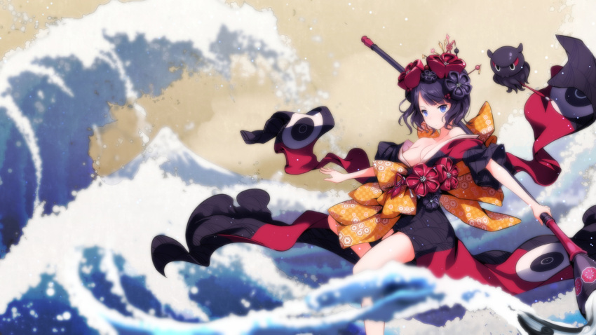 1girl, arms_ai, bangs, bare_legs, bare_shoulders, black_bow, black_flower, blush