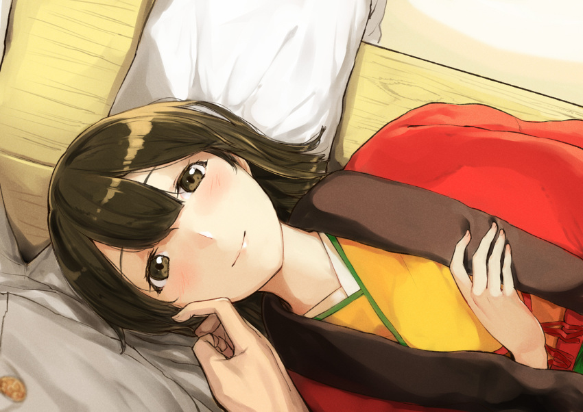 1boy, 1girl, blush, brown_eyes, brown_hair, closed_mouth, from_above, hiryuu_(kantai_collection)