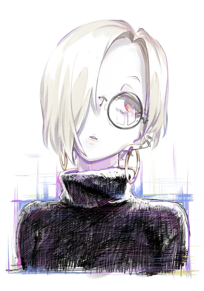 1girl, alternate_eye_color, black-framed_eyewear, black_sweater, code-aa, ear_piercing, earrings, hair_over_one_eye
