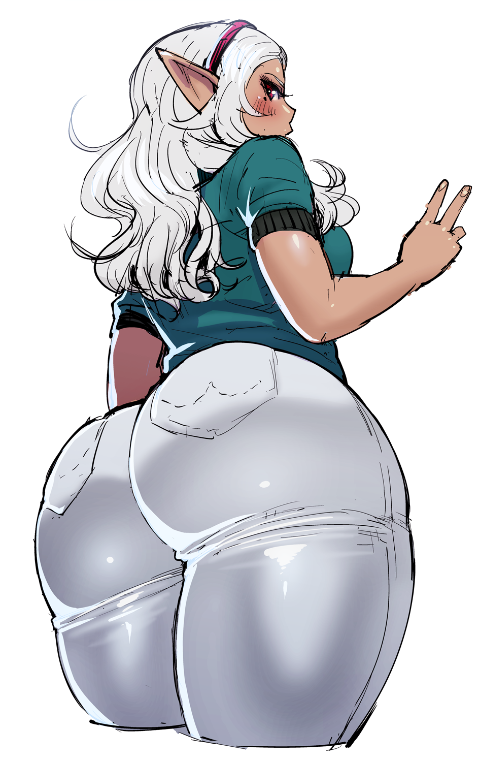 1girl, ass, dark_elf, dark_skin, denim, elf, elf-san_wa_yaserarenai., from_behind
