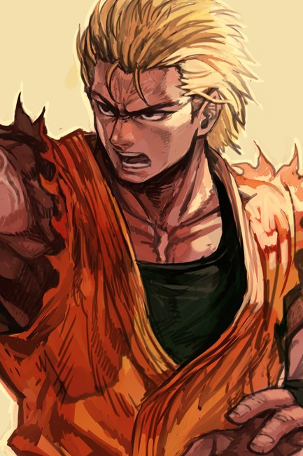 1boy, bangs, black_eyes, blonde_hair, green_shirt, hankuri, male_focus, muscle