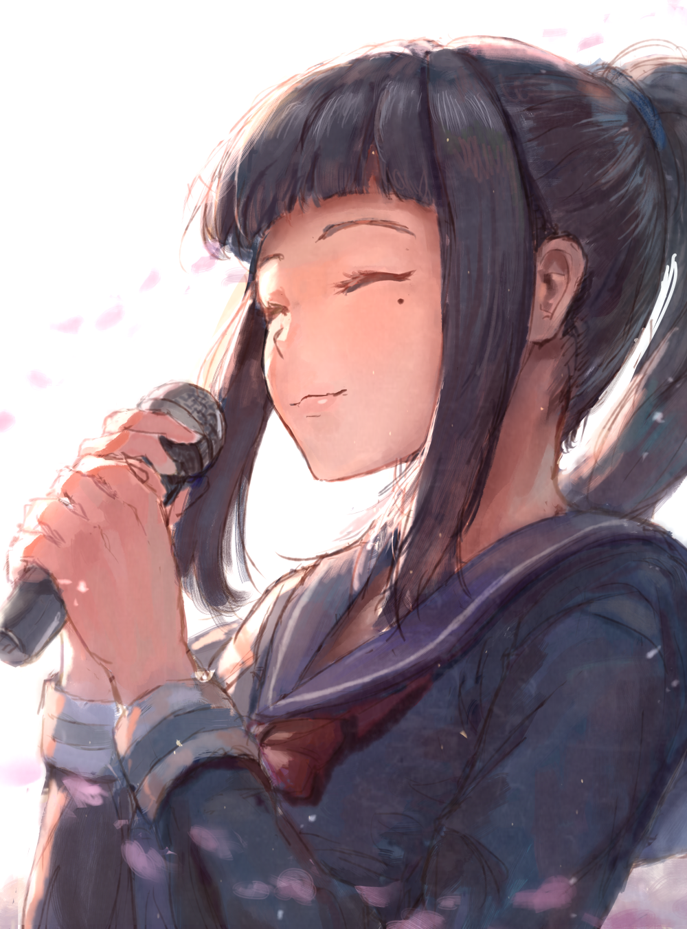 1girl, aoi_ch., bangs, black_sailor_collar, black_serafuku, black_shirt, blunt_bangs, blush