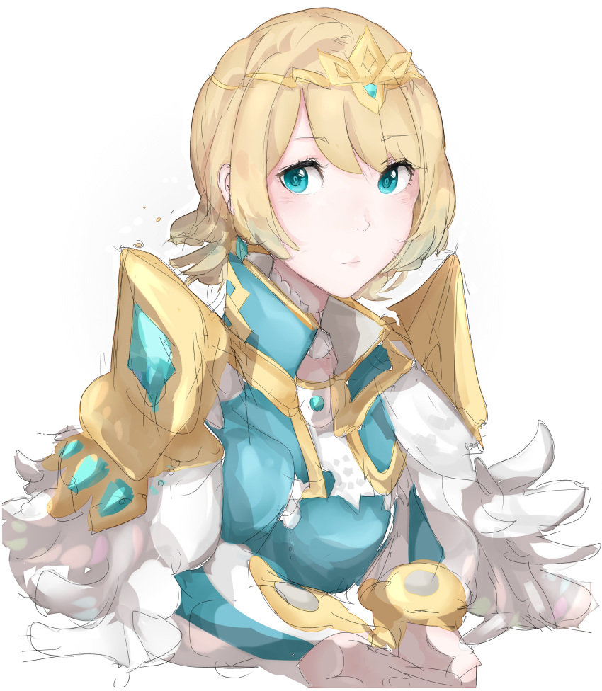 1girl, absurdres, blonde_hair, blue_eyes, blue_hair, crown, earrings, feather_trim