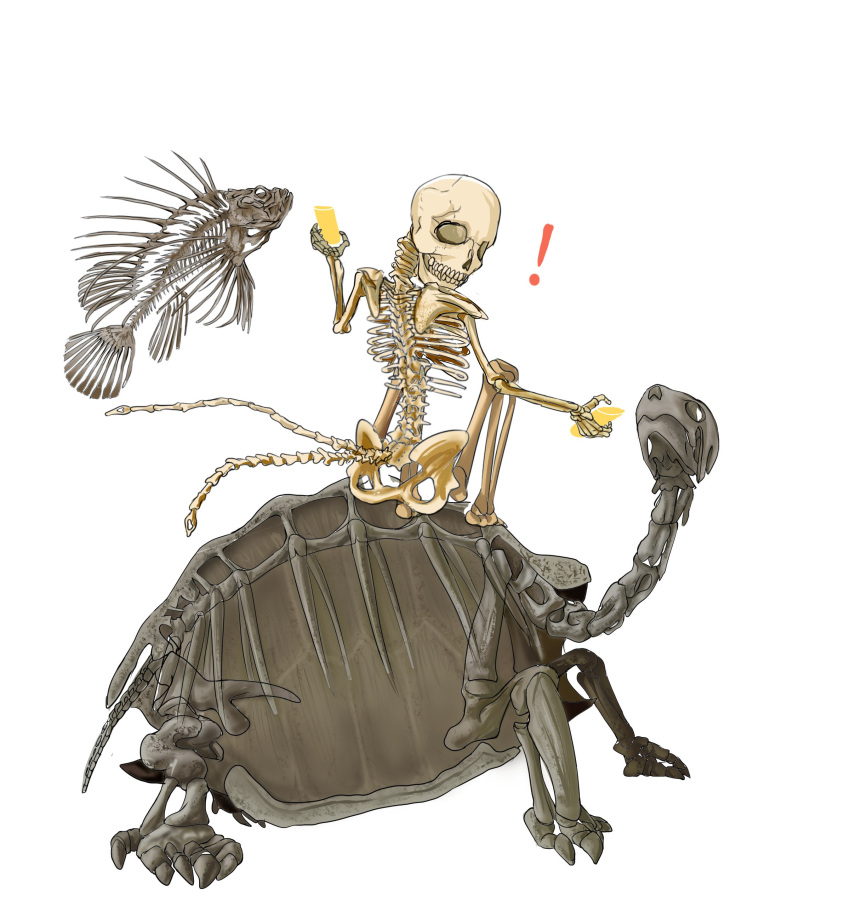 !, absurdres, doitsuken, fish, fox_child_(doitsuken), galapagos_tortoise, highres, holding, looking_at_viewer, looking_back, multiple_tails, original, simple_background, skeleton, skull, tail, tortoise, turtle, two_tails, white_background
