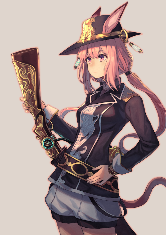 1girl, animal_ears, bangs, belt, black_hat, breasts, closed_mouth, cowboy_shot, ears_through_headwear, gun, hand_on_hip, hat, holding, holding_gun, holding_weapon, long_hair, long_sleeves, looking_afar, looking_away, low_twintails, medium_breasts, original, peroncho, pink_eyes, pink_hair, puffy_shorts, rabbit_ears, shorts, sleeve_cuffs, smile, solo, standing, tail, tareme, twintails, uniform, weapon, white_shorts, wristband