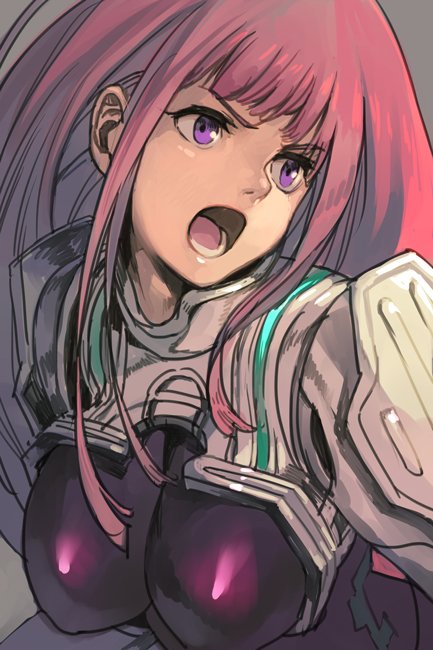 1girl, armor, bangs, bodysuit, breasts, grey_background, hankuri, ken_marinaris