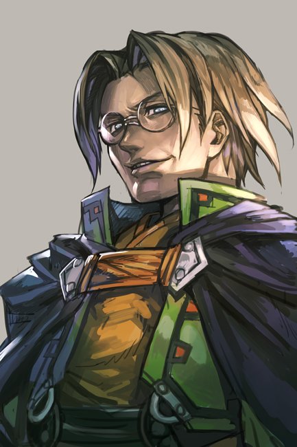 1boy, bangs, belt, blue_cape, blue_eyes, brown_hair, cape, glasses