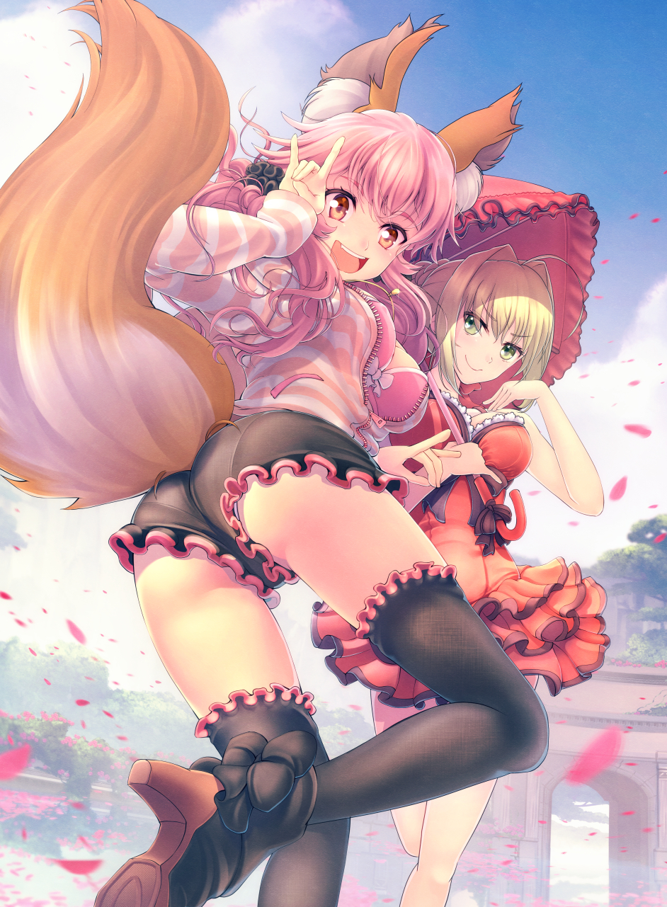 2girls, ahoge, animal_ears, black_legwear, black_shorts, blonde_hair, bow, bow_bra