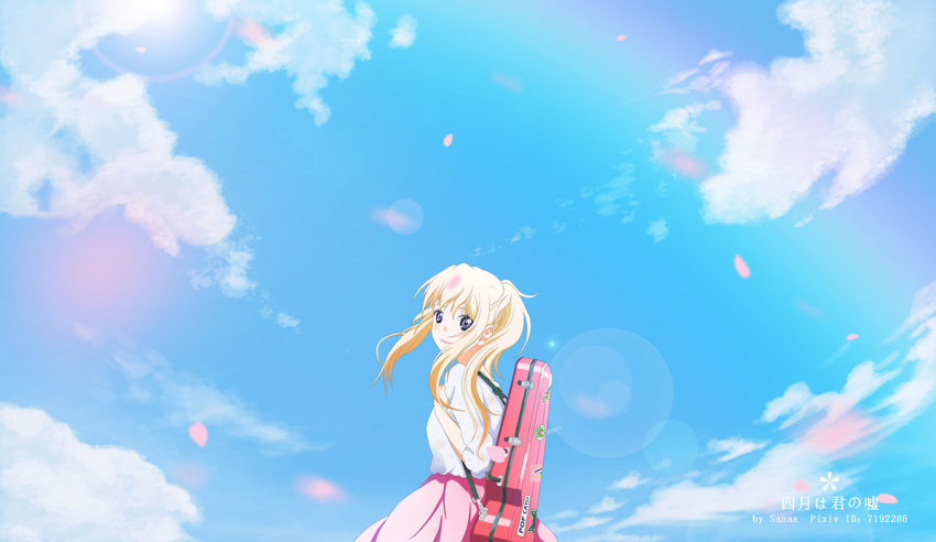 1girl, artist_name, blonde_hair, blue_eyes, clouds, copyright_name, day, looking_at_viewer