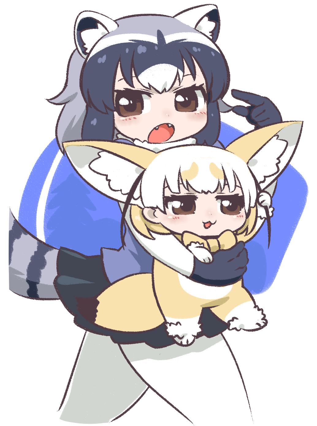 animal_ears, bow, bowtie, chibi, common_raccoon_(kemono_friends), fennec_(kemono_friends), fox_ears, fox_tail