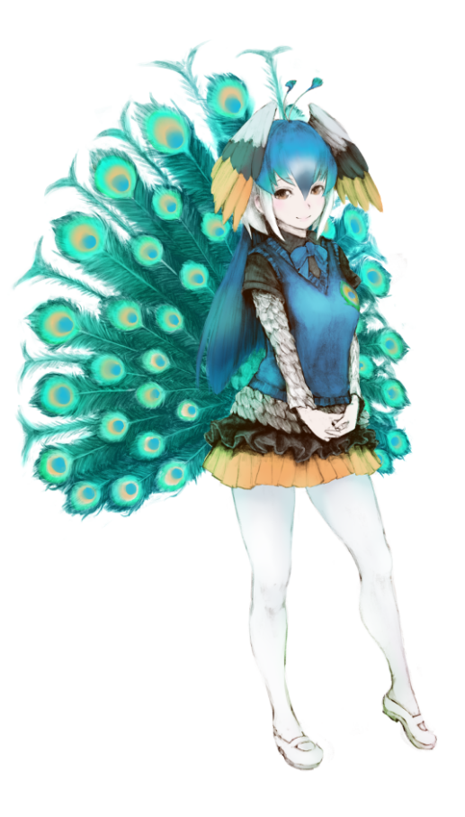 1girl, bangs, bird_tail, bird_wings, black_shirt, blue_bow, blue_hair, blue_neckwear