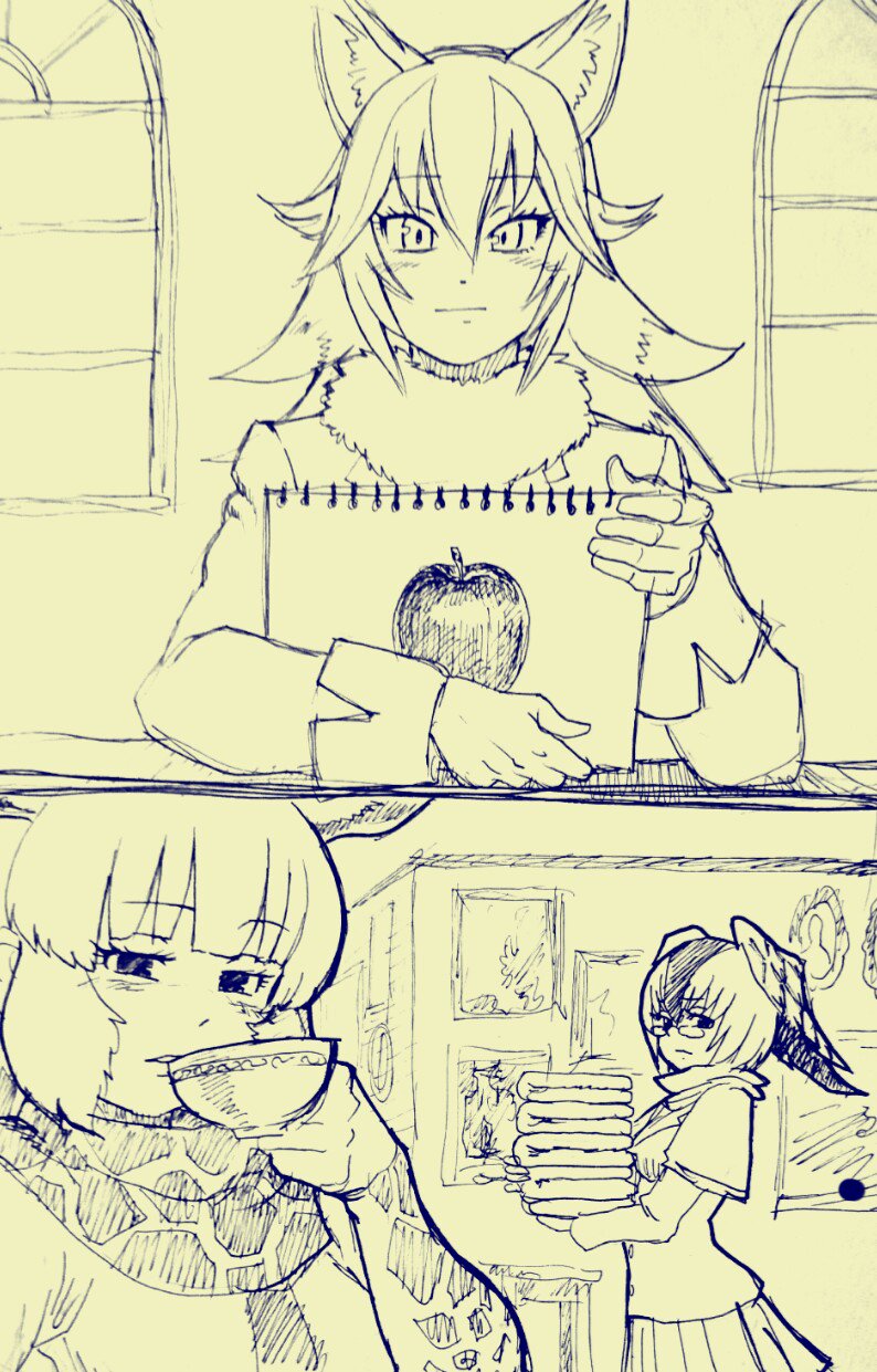 3girls, animal_ears, apple, bird_wings, campo_flicker_(kemono_friends), comic, eyebrows, eyebrows_visible_through_hair