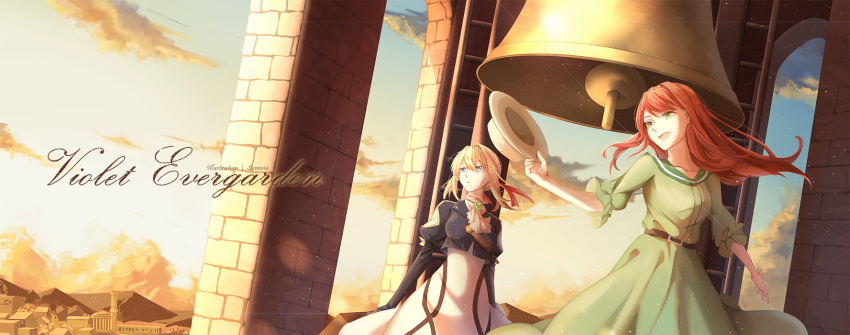 1girl, bangs, bell, bell_tower, blonde_hair, blue_eyes, blue_jacket, braid