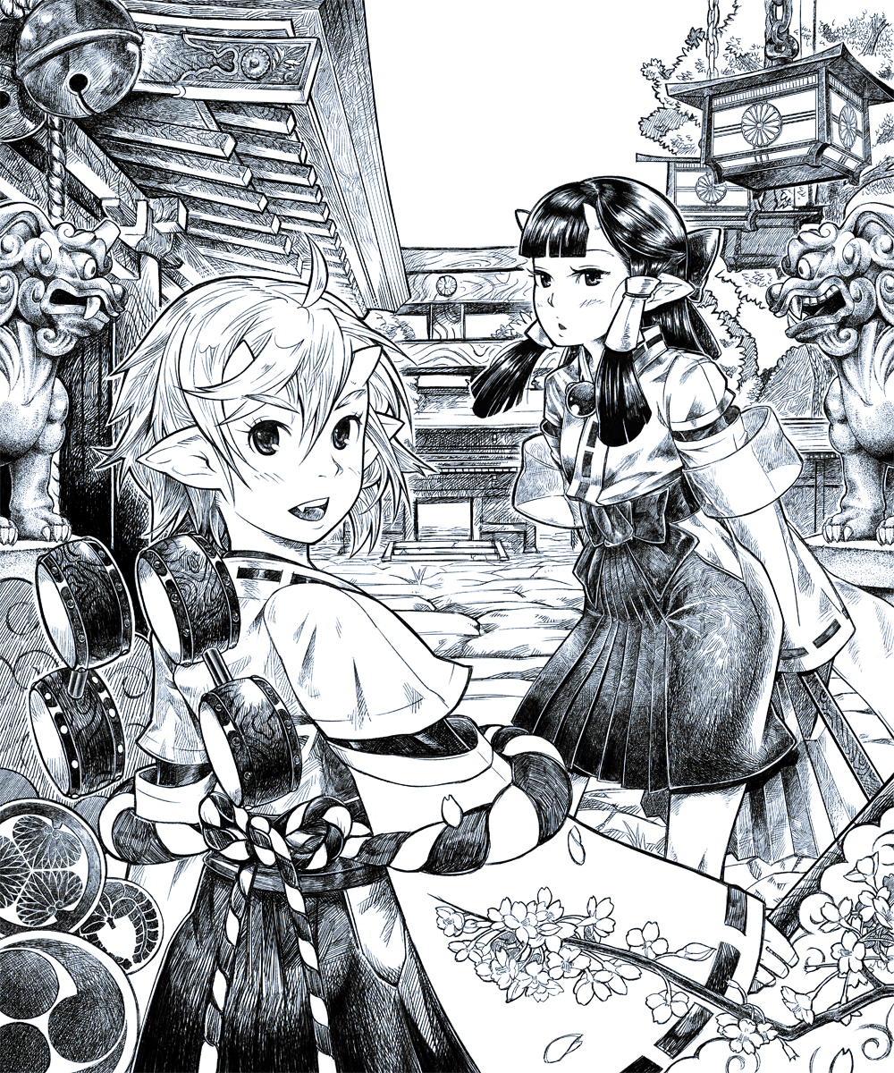 blue, demon_girl, drum, drums, fan, fang, flower, folding_fan