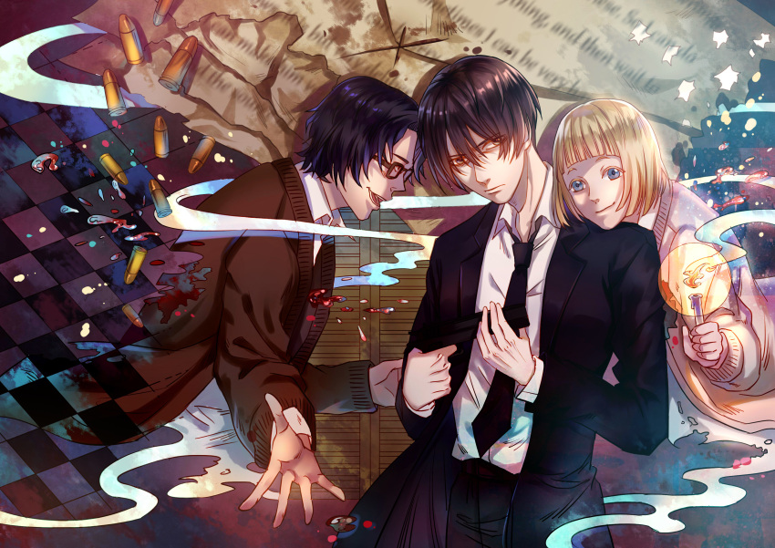 3boys, 91_days, absurdres, avilio_bruno, black_hair, black_neckwear, black_pants, bleeding