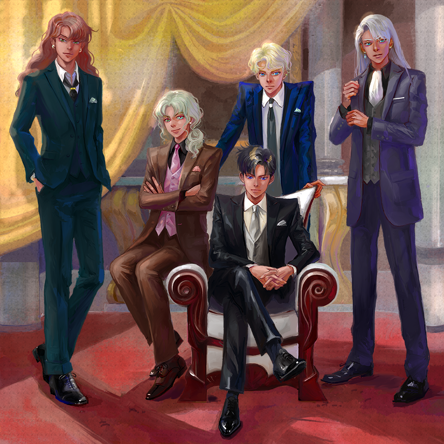 5boys, bishoujo_senshi_sailor_moon, chair, chiba_mamoru, curtains, earrings, formal, hand_in_pocket, interlocked_fingers, jadeite_(sailor_moon), jewelry, karafuru_tako, kunzite_(sailor_moon), legs_crossed, male_focus, multiple_boys, necktie, nephrite_(sailor_moon), shoes, sitting, standing, suit, zoisite_(sailor_moon)