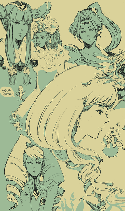 1boy, breasts, character_request, commentary_request, drill_hair, long_hair, multiple_girls, princess_rei