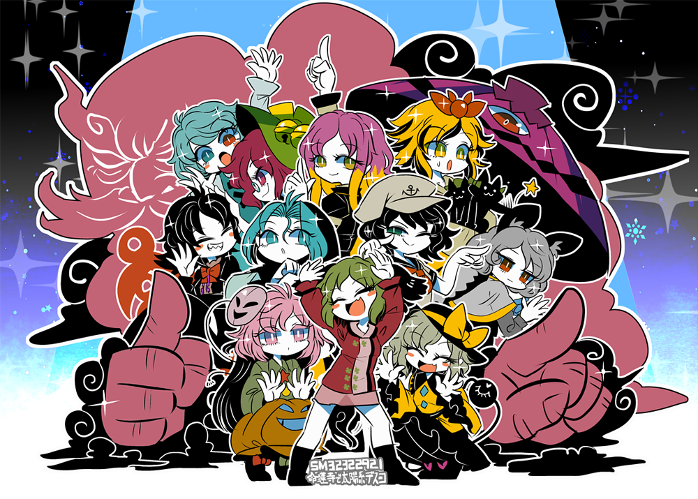 6+girls, anchor_symbol, animal_ears, bell, blonde_hair, blush_stickers, closed_eyes, eyeball