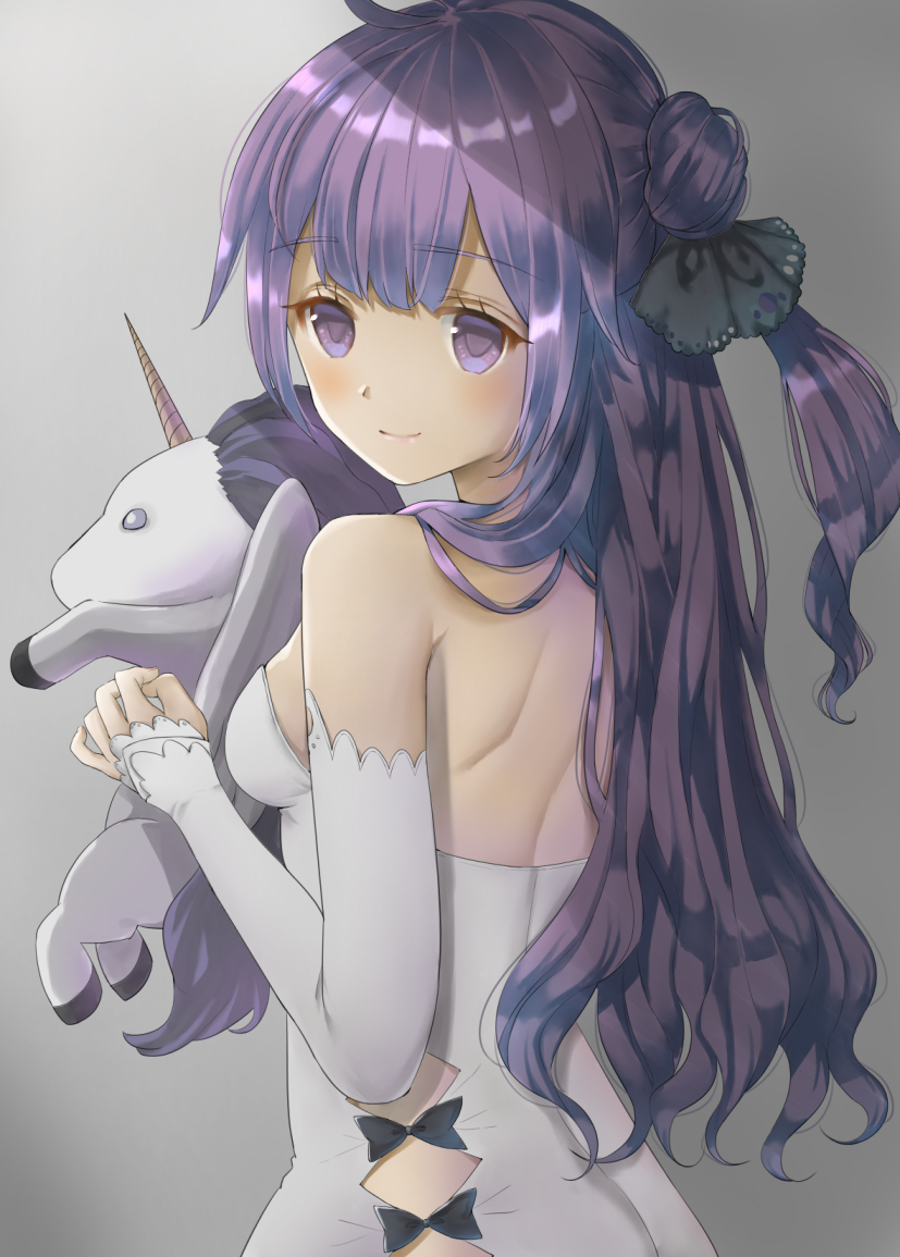 1girl, azur_lane, backless_outfit, bangs, bare_shoulders, black_bow, black_ribbon, blush, bow, breasts, closed_mouth, commentary_request, dress, eikura, eyebrows_visible_through_hair, fingernails, grey_background, hair_bun, hair_ribbon, long_hair, looking_at_viewer, looking_to_the_side, medium_breasts, object_hug, one_side_up, open-back_dress, purple_hair, ribbon, side_bun, simple_background, smile, solo, strapless, strapless_dress, stuffed_animal, stuffed_pegasus, stuffed_toy, stuffed_unicorn, unicorn_(azur_lane), very_long_hair, violet_eyes, white_dress