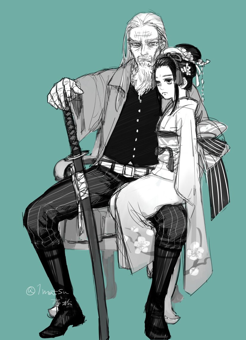 1boy, 1girl, ainu, alternate_costume, alternate_hairstyle, asirpa, beard, child