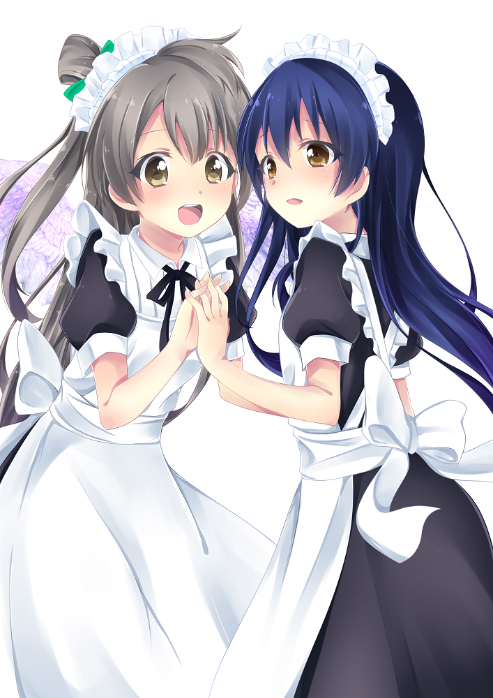 2girls, alternate_costume, animal_ears, apron, bangs, blue_hair, blush, cowboy_shot, dress, enmaided, frills, grey_hair, hair_between_eyes, hand_holding, hayami_rokushichi, interlocked_fingers, long_hair, looking_at_viewer, love_live!, love_live!_school_idol_project, maid, maid_apron, maid_headdress, minami_kotori, multiple_girls, neck_ribbon, one_side_up, open_mouth, puffy_sleeves, ribbon, short_sleeves, smile, sonoda_umi, white_background, wings, yellow_eyes