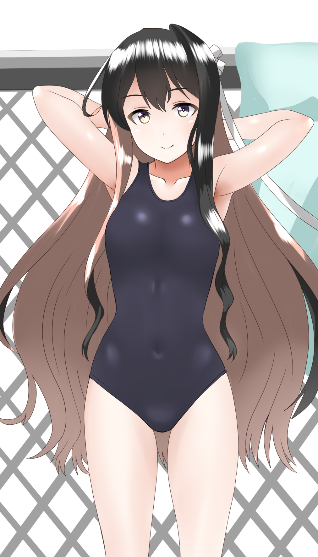 1girl, 30-06, black_hair, black_swimsuit, covered_navel, cowboy_shot, fence, hair_ribbon