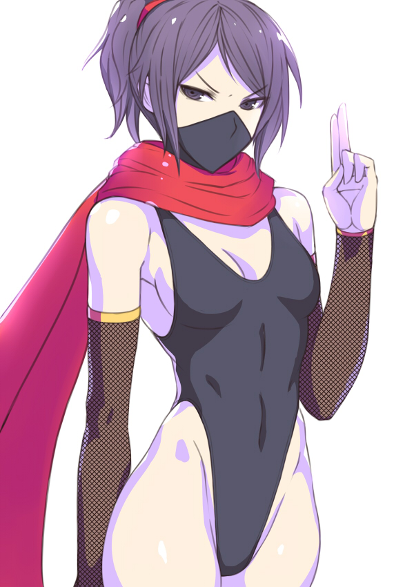 1girl, arm_warmers, black_eyes, black_swimsuit, breasts, covered_mouth, covered_navel, hai_(h81908190)