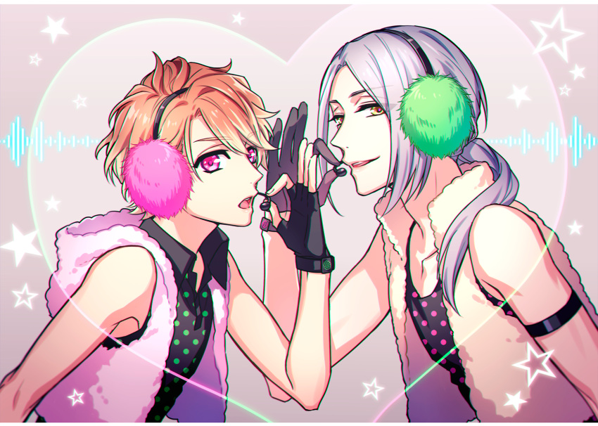 2boys, a3!, blonde_hair, chigasaki_itaru, collarbone, cropped_vest, earmuffs, fingerless_gloves