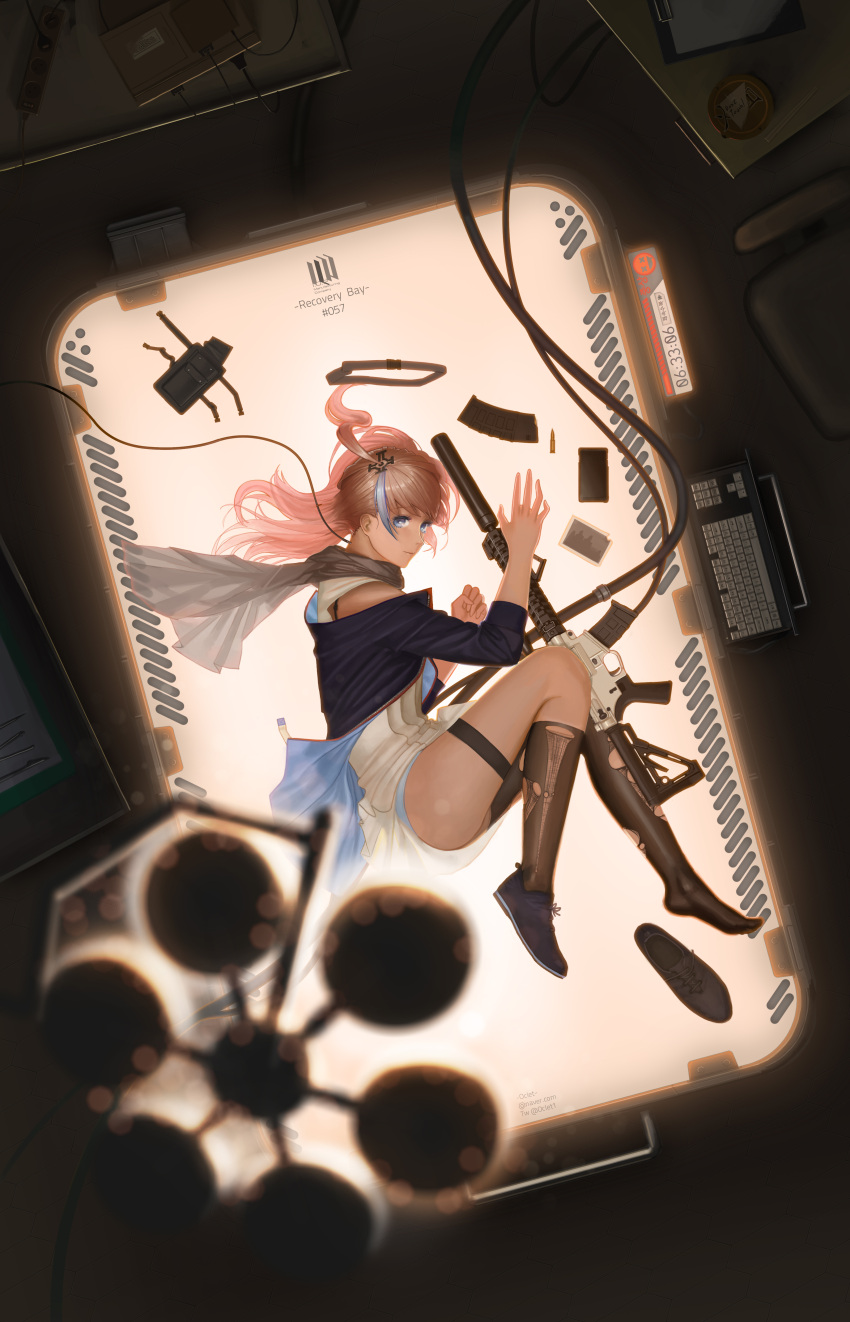 1girl, absurdres, ammunition_pouch, ar-15, artist_name, ass, bangs, belt