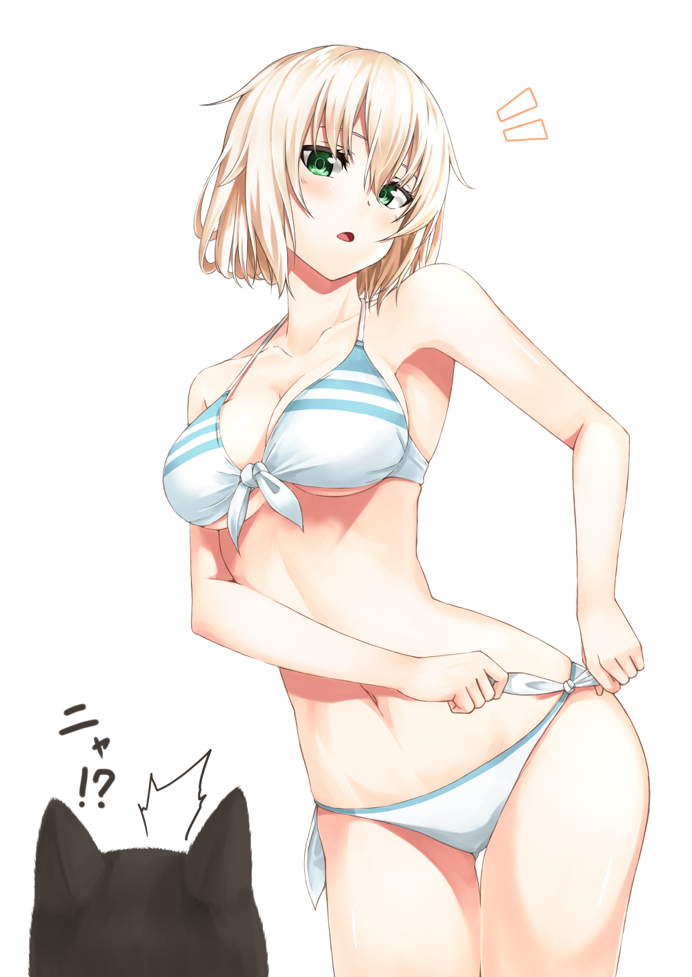 /\/\/\, 1girl, adjusting_clothes, adjusting_swimsuit, armpit_peek, bikini, blonde_hair, breasts, cat, cleavage, cowboy_shot, green_eyes, hair_between_eyes, handa_nora, highres, large_breasts, navel, nora_to_oujo_to_noraneko_heart, short_hair, side-tie_bikini, simple_background, swimsuit, thigh_gap, tsuhiki_koyomi, tying_bikini, under_boob, white_background, yuuri_shachi