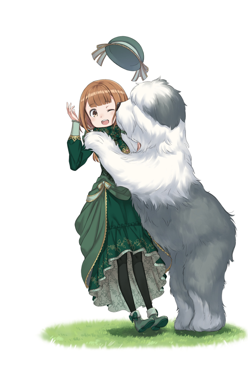 1girl, ;d, bangs, beatrice_(princess_principal), black_legwear, blunt_bangs, brown_eyes, brown_hair, dress, full_body, grass, green_dress, green_footwear, green_hat, hand_up, hat, hat_removed, headwear_removed, highres, looking_at_viewer, official_art, one_eye_closed, open_mouth, princess_principal, princess_principal_game_of_mission, sheep_dog, shoes, short_hair, smile, standing, transparent_background