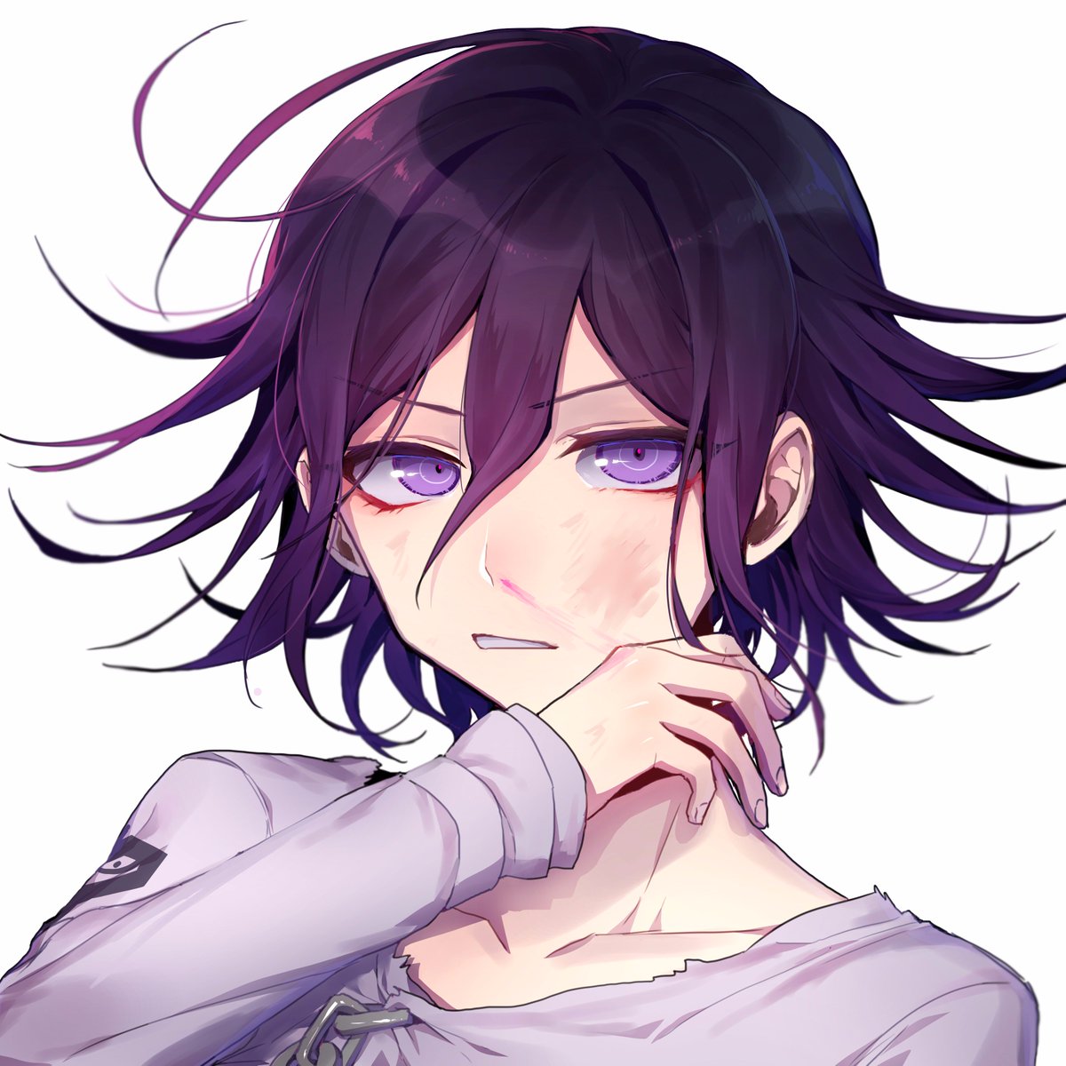 1boy, blood, bruise_on_face, chains, collarbone, dangan_ronpa, grey_shirt, hair_between_eyes