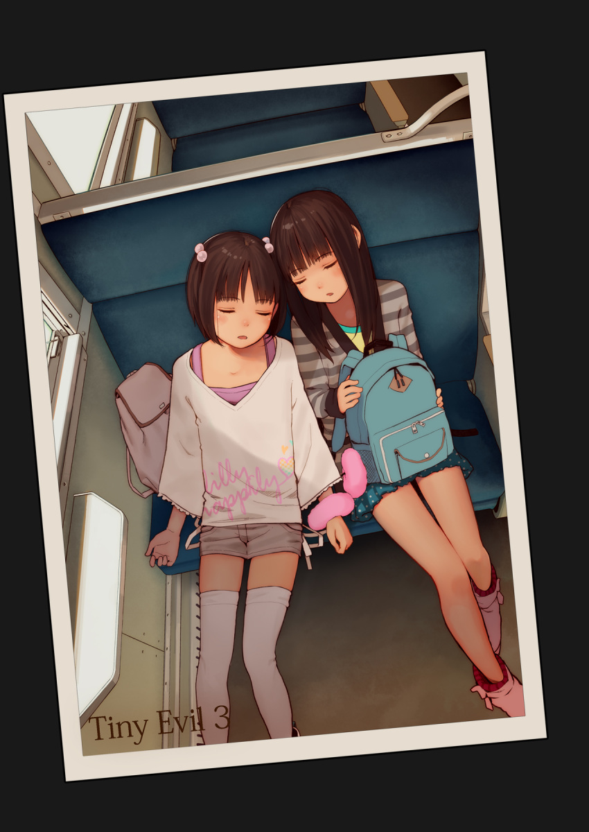 2girls, ankle_boots, backpack, bag, bangs, blue_skirt, blunt_bangs, boots