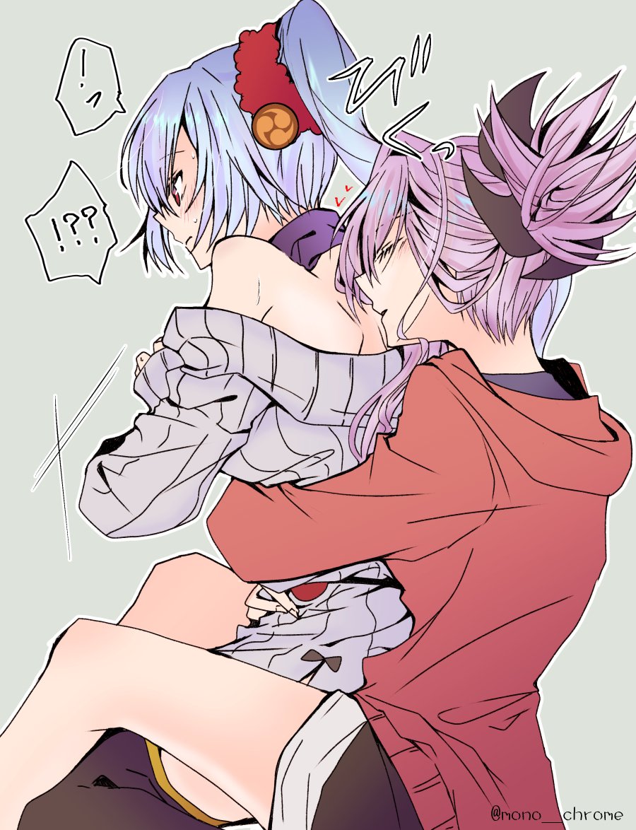 !!?, 2girls, bare_back, blush, casual, closed_eyes, commentary_request, fate/grand_order