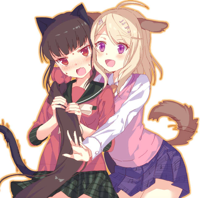 2girls, :d, ahoge, akamatsu_kaede, animal_ears, bangs, black_sailor_collar, blonde_hair