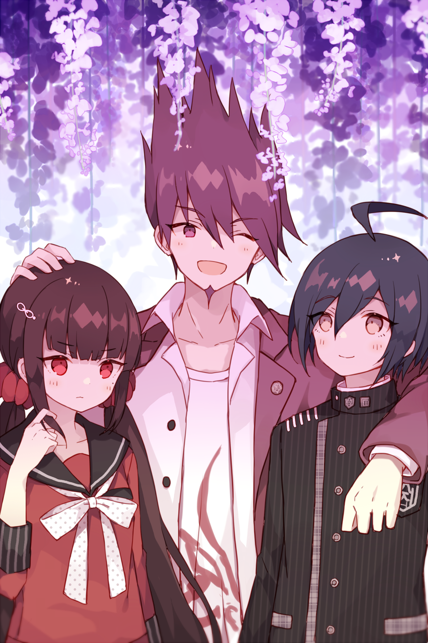 1girl, 2boys, ;d, ahoge, arm_around_neck, arm_at_side, bangs, beard