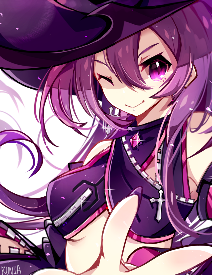1girl, aisha_(elsword), closed_mouth, elsword, fingernails, hat, long_hair, looking_at_viewer, nail_polish, no_nose, one_eye_closed, oz_sorcerer_(elsword), purple_hair, purple_hat, purple_nails, runia_(runia0), signature, simple_background, smile, solo, upper_body, violet_eyes, white_background
