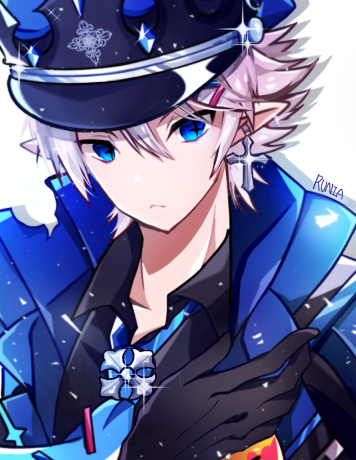 1boy, abysser_(elsword), black_gloves, black_hat, blue_eyes, blue_neckwear, ciel_(elsword), closed_mouth, coat, cross, cross_earrings, earrings, elsword, expressionless, gloves, hat, jewelry, looking_at_viewer, male_focus, necktie, no_nose, peaked_cap, pointy_ears, runia_(runia0), signature, simple_background, solo, symbol-shaped_pupils, upper_body, white_background, white_hair