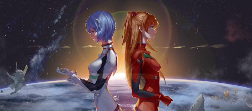 2girls, absurdres, ayanami_rei, backlighting, bangs, blue_eyes, blue_hair, bodysuit