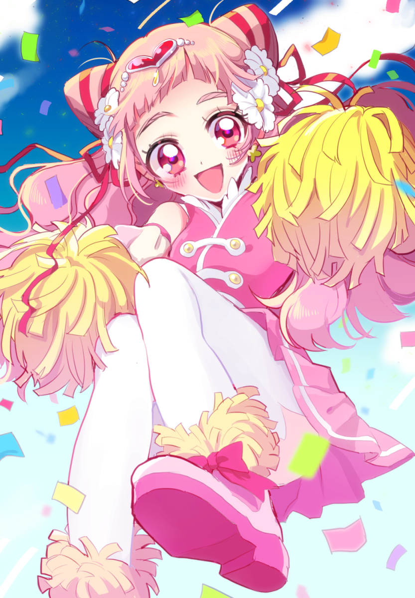 1girl, :d, blush, clouds, confetti, cropped_feet, cure_yell, double_bun