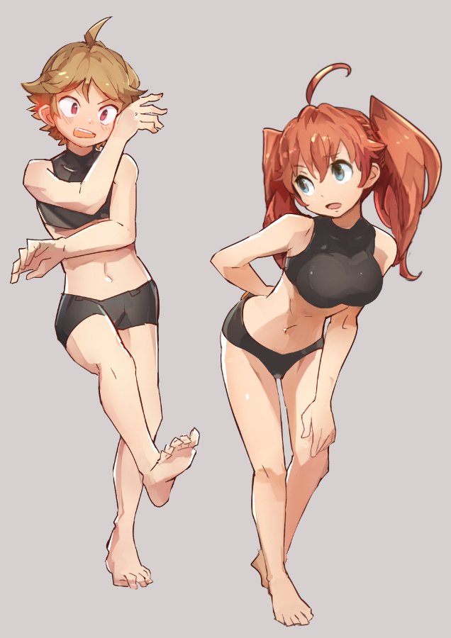 1boy, 1girl, ahoge, barefoot, bent_over, blue_eyes, blush, brown_hair