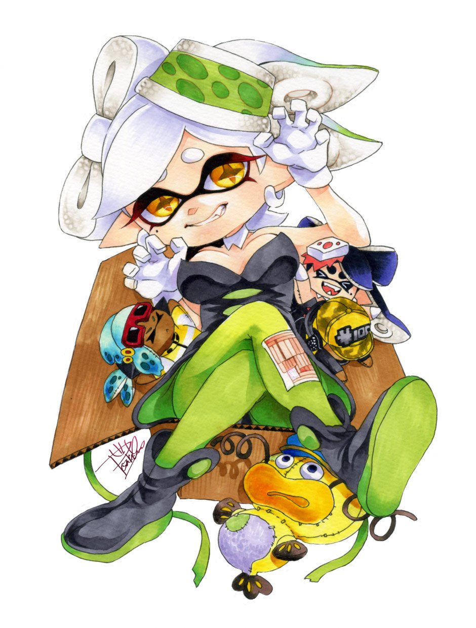 +_+, 1girl, ankle_boots, aori_(splatoon), artist_name, baseball_cap, black_dress, black_footwear