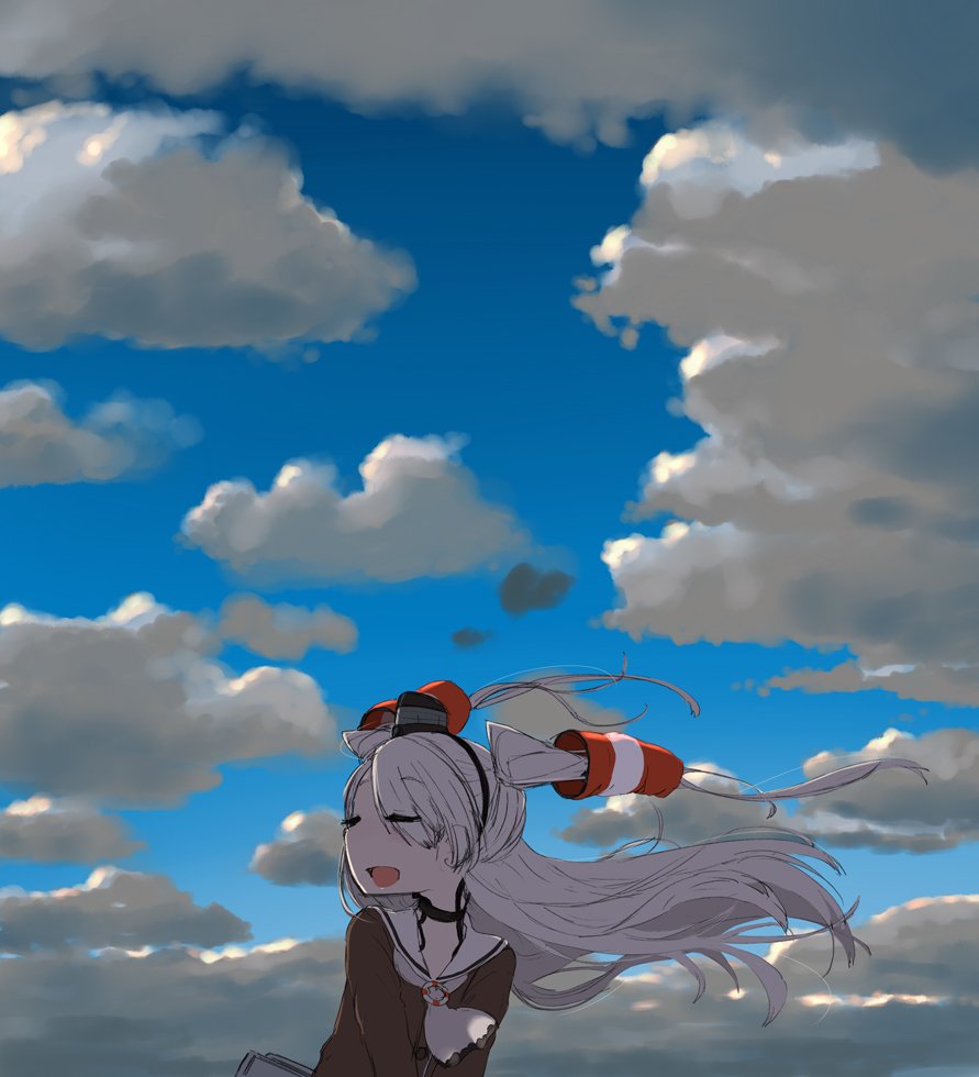 amatsukaze_(kantai_collection), closed_eyes, clouds, cloudy_sky, hair_ornament, imai_tetsuya, kantai_collection, ribbon