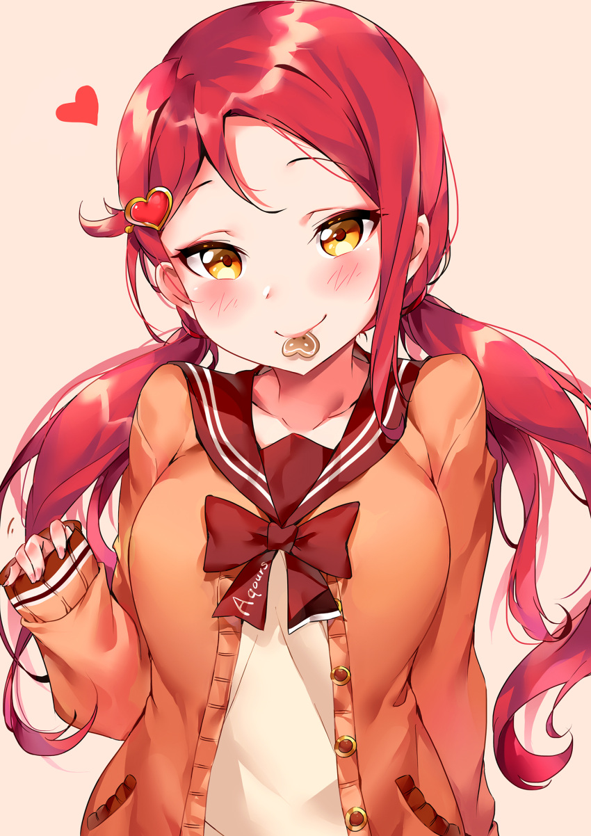 1girl, alternate_hairstyle, blush, bow, bowtie, cardigan, cookie, food