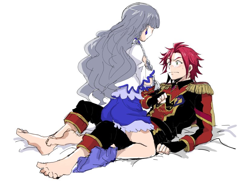 1boy, 1girl, barefoot, black_gloves, blush, braid, closed_mouth, dress