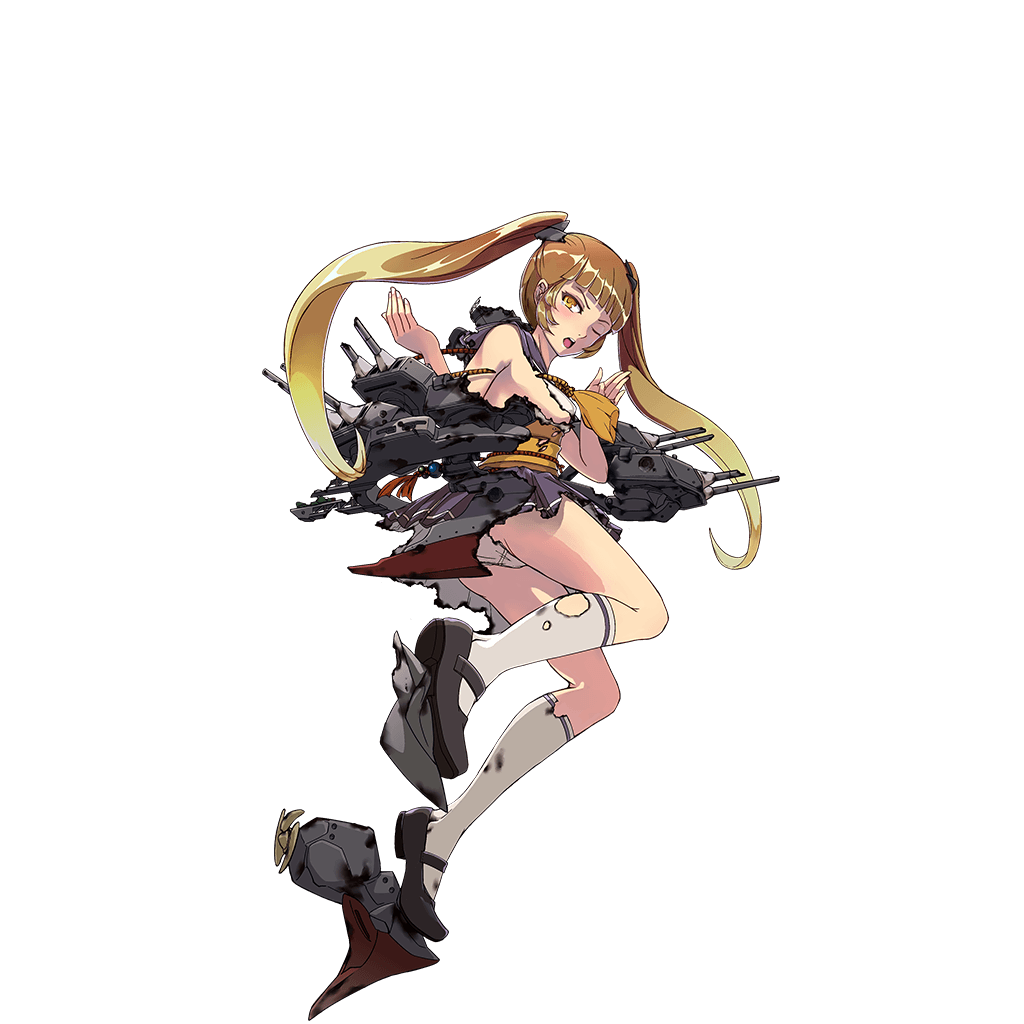 1girl, artist_request, black_skirt, blonde_hair, breasts, burnt_clothes, catapult_launcher, damaged