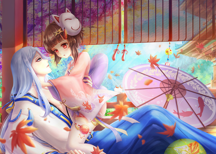 1boy, 1girl, abe_no_seimei_(onmyoji), blue_eyes, brown_hair, hair_ornament, japanese_clothes, kagura_(onmyoji)