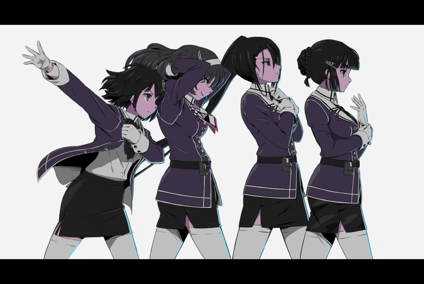 4girls, adjusting_clothes, adjusting_gloves, ashigara_(kantai_collection), black_skirt, braided_bun, gloves, haguro_(kantai_collection)