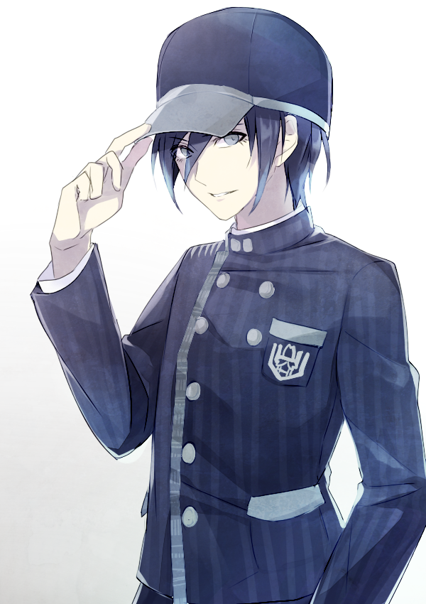 1boy, baseball_cap, black_hair, blue_eyes, dangan_ronpa, hair_between_eyes, hanbee_(higawari_k), hand_on_headwear